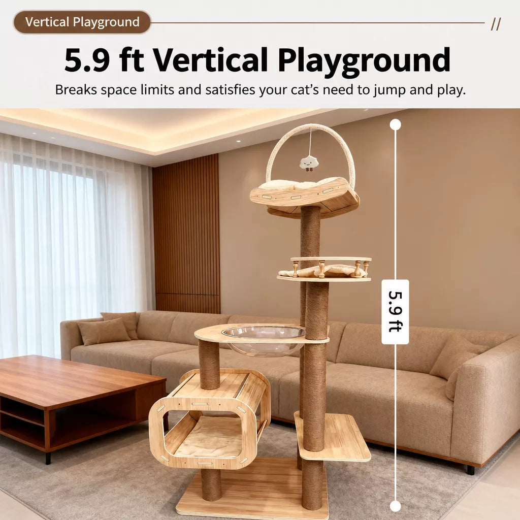 Cat Tree with Hideaway, Scratching Post & Hanging Toy