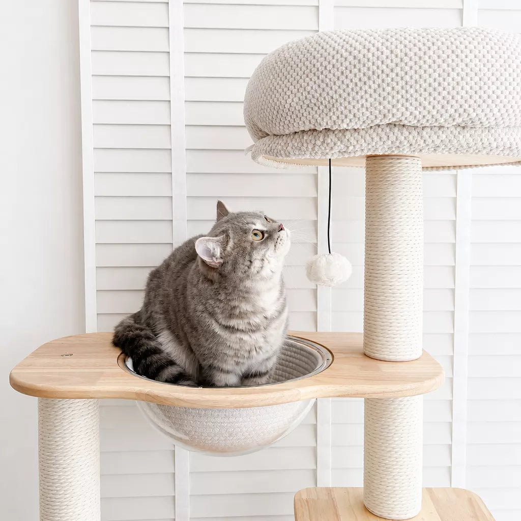 Rubberwood Cat Tree with Removable Hideaway Bed