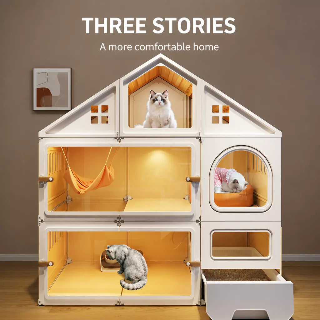 Multi-Level Cat Condo with Enclosed Spaces and Litter Box Area