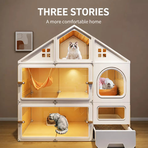 Multi-Level Cat Condo with Enclosed Spaces and Litter Box Area