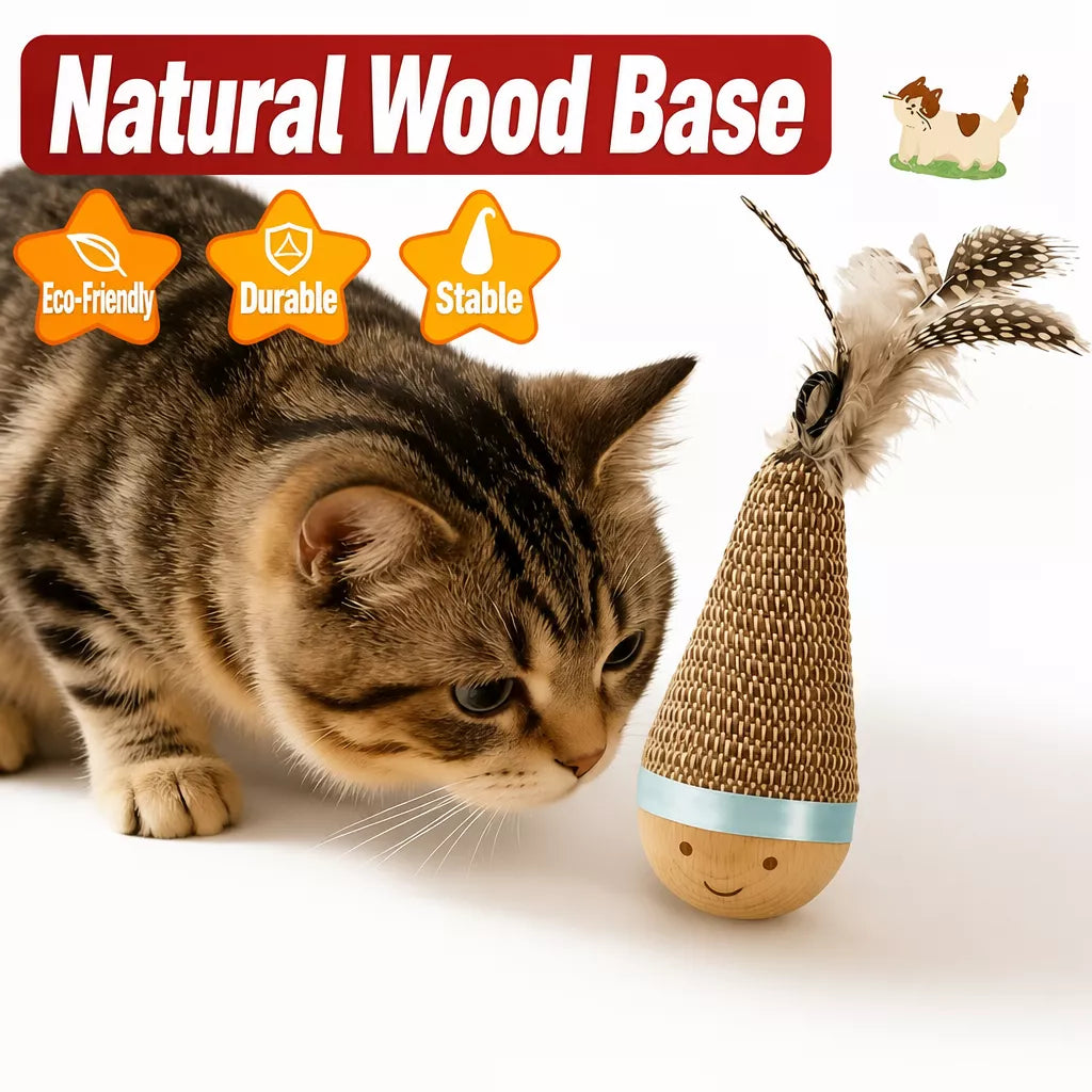 Burlap Feather Tumbler Toy with Solid Wood Base for Cats & Dogs