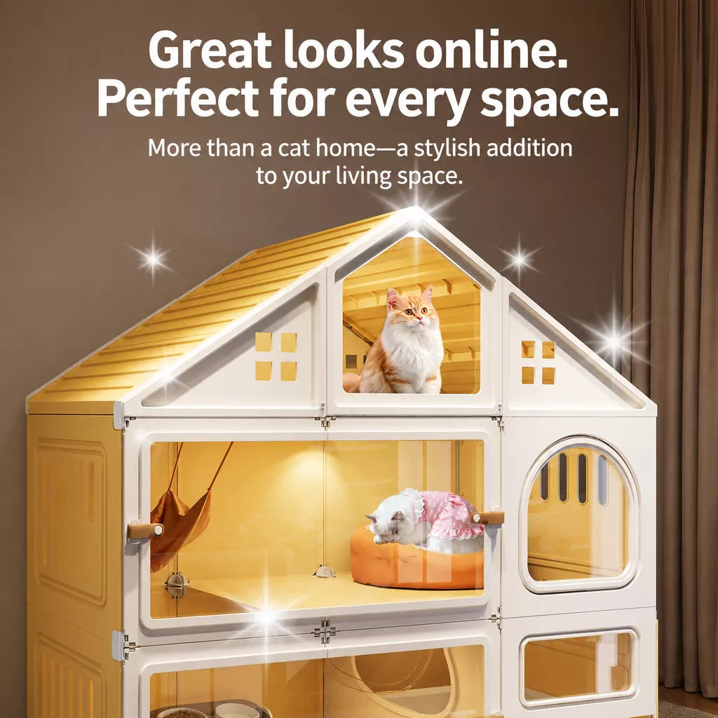 Multi-Level Cat Condo with Enclosed Spaces and Litter Box Area