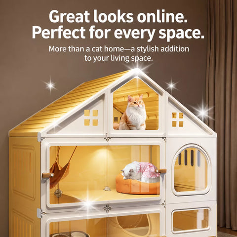 Multi-Level Cat Condo with Enclosed Spaces and Litter Box Area