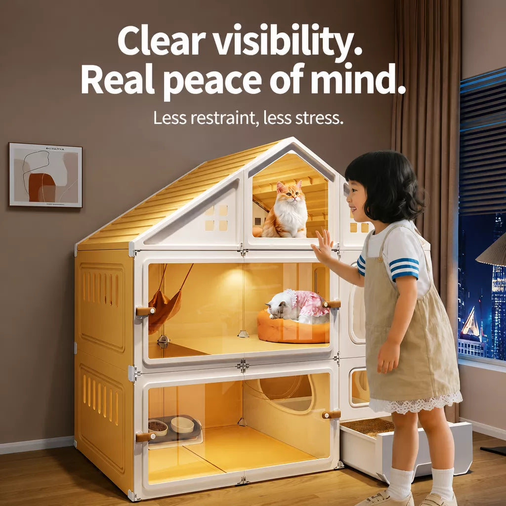 Multi-Level Cat Condo with Enclosed Spaces and Litter Box Area