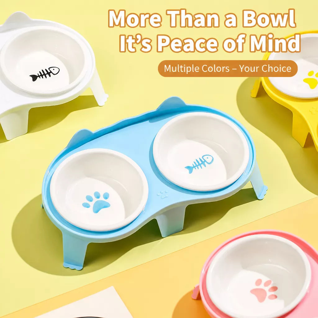 Ceramic Double Cat Bowl Set with Stand for Food and Water