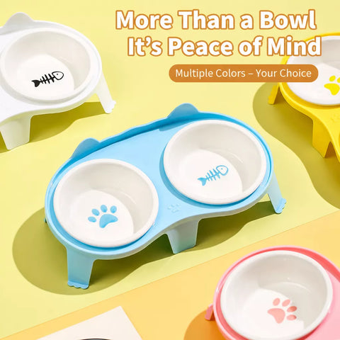 Ceramic Double Cat Bowl Set with Stand for Food and Water