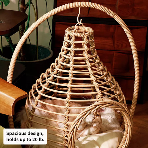 Handwoven Rattan Hanging Cat Bed with Cushion