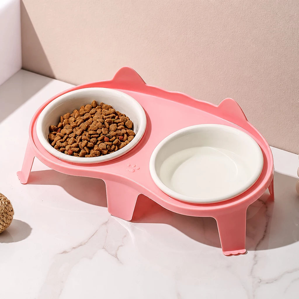 Ceramic Double Cat Bowl Set with Stand for Food and Water