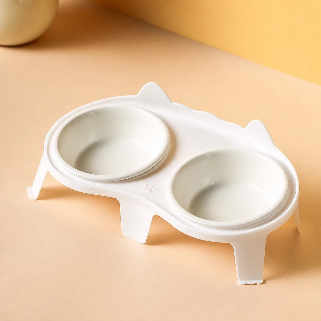 Ceramic Double Cat Bowl Set with Stand for Food and Water
