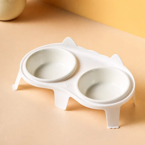 Ceramic Double Cat Bowl Set with Stand for Food and Water