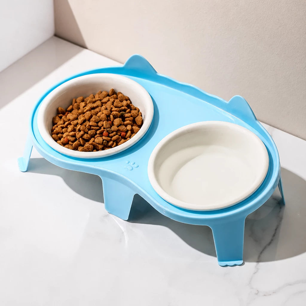 Ceramic Double Cat Bowl Set with Stand for Food and Water