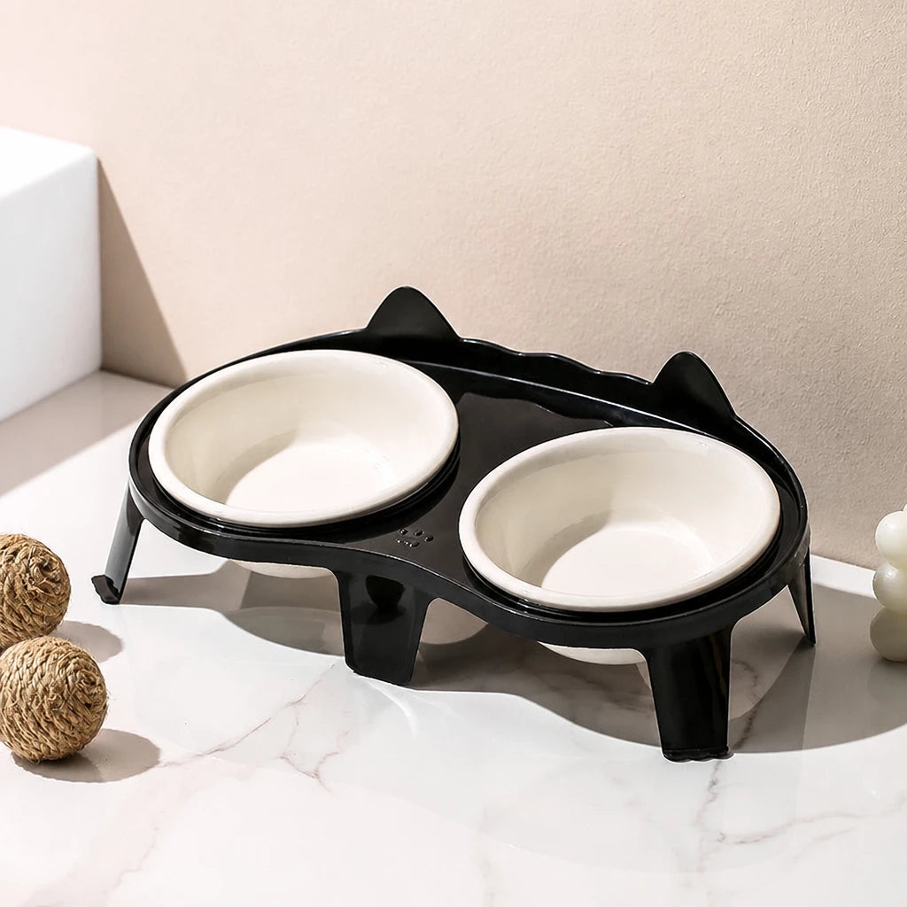 Ceramic Double Cat Bowl Set with Stand for Food and Water