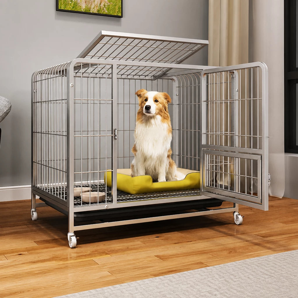 Reinforced Metal Dog Crate with Integrated Toilet Area