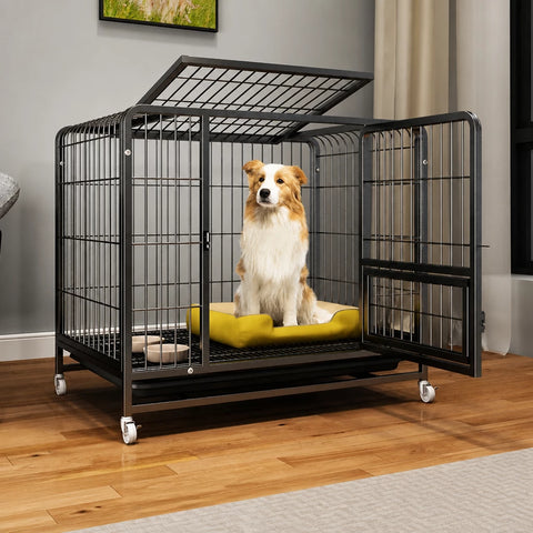 Reinforced Metal Dog Crate with Integrated Toilet Area