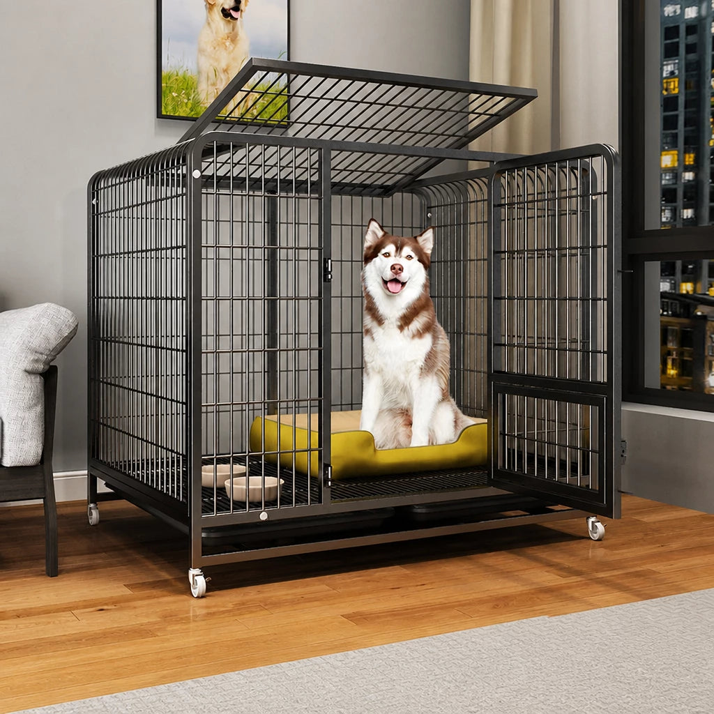 Reinforced Metal Dog Crate with Integrated Toilet Area