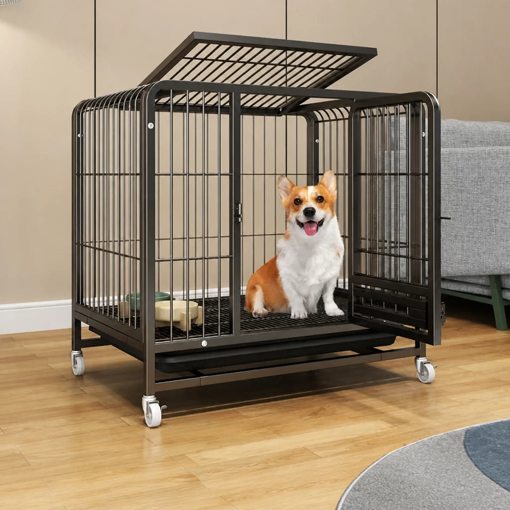 Reinforced Metal Dog Crate with Integrated Toilet Area
