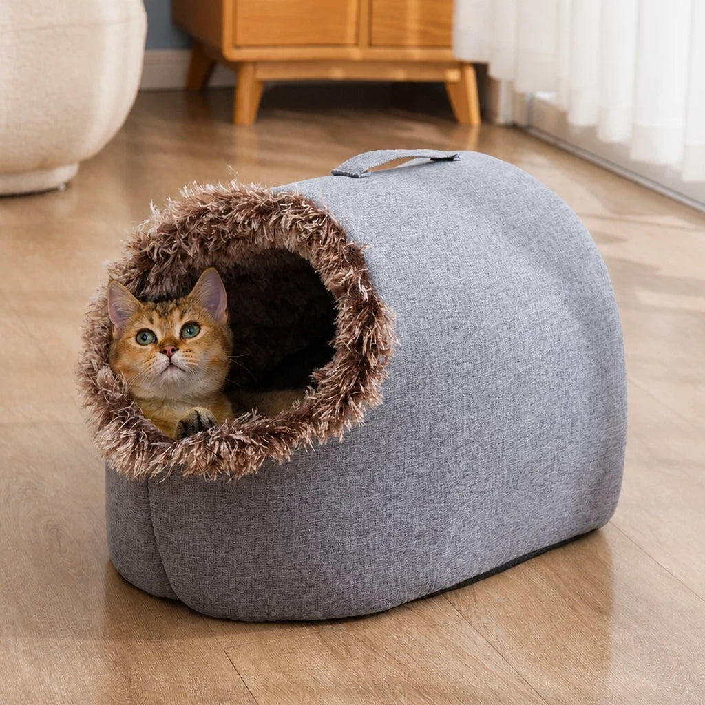 Enclosed Plush Pet Bed with Carry Handle