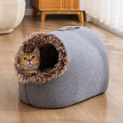 Enclosed Plush Pet Bed with Carry Handle