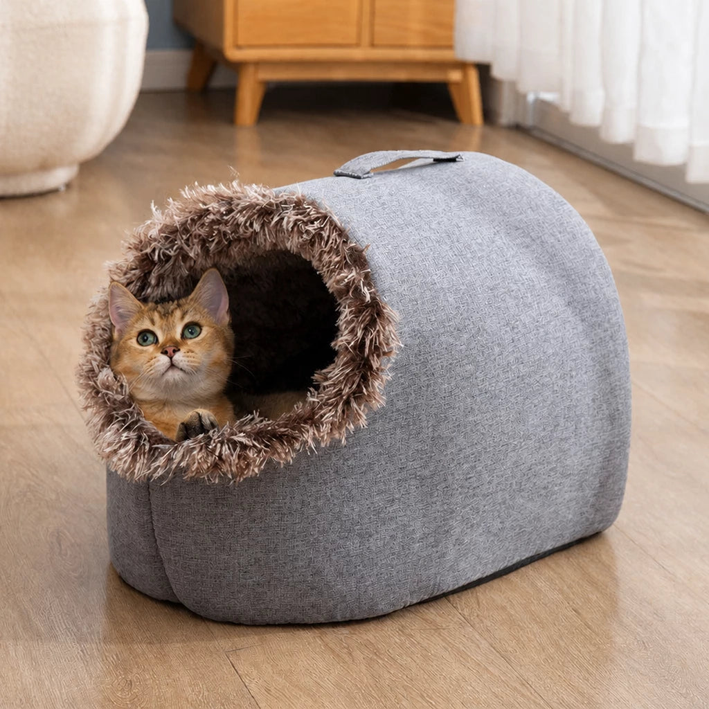 Enclosed Plush Pet Bed with Carry Handle