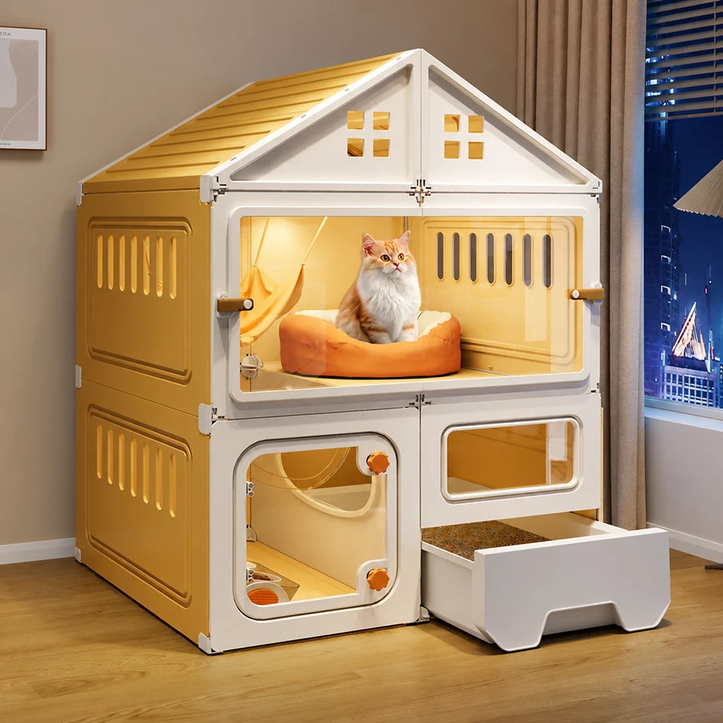 Multi-Level Cat Condo with Enclosed Spaces and Litter Box Area
