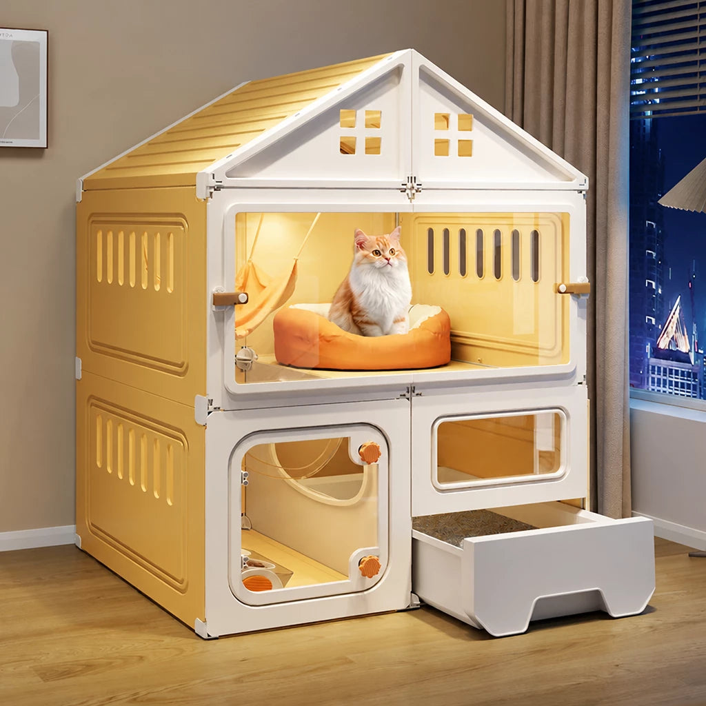 Multi-Level Cat Condo with Enclosed Spaces and Litter Box Area