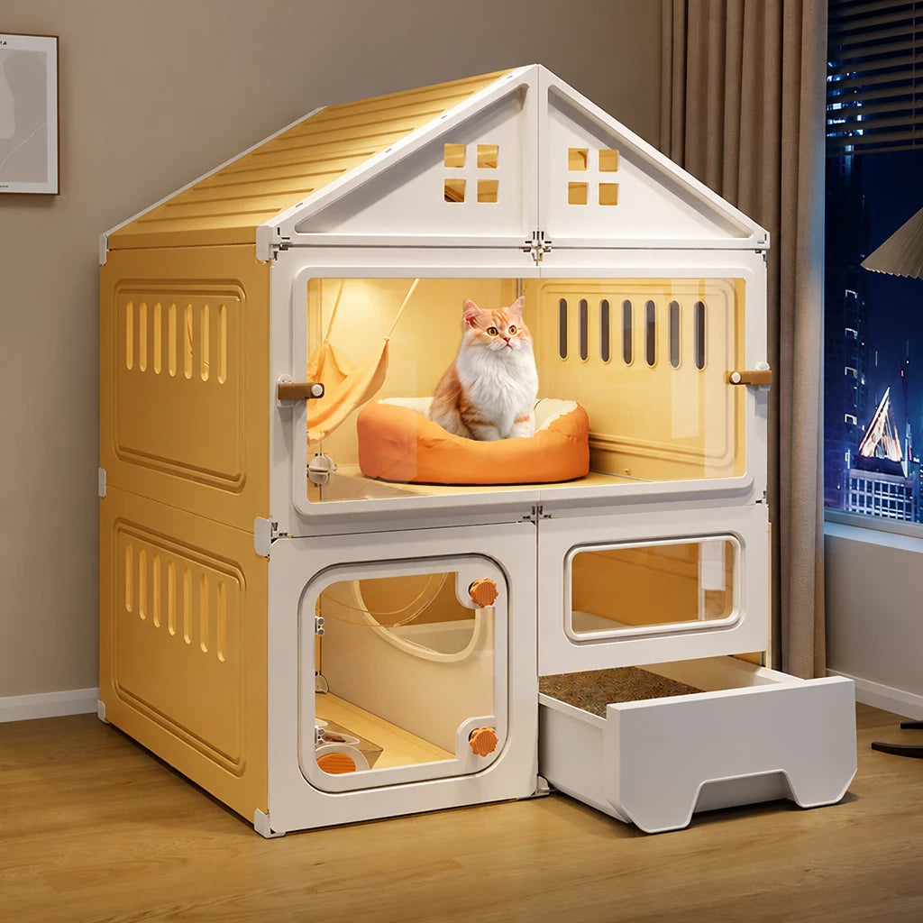 Multi-Level Cat Condo with Enclosed Spaces and Litter Box Area