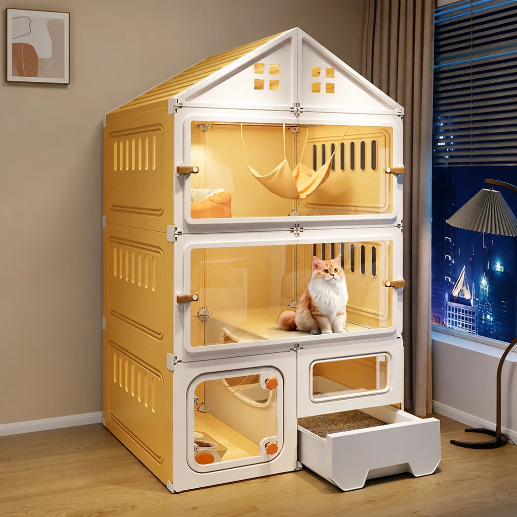Multi-Level Cat Condo with Enclosed Spaces and Litter Box Area