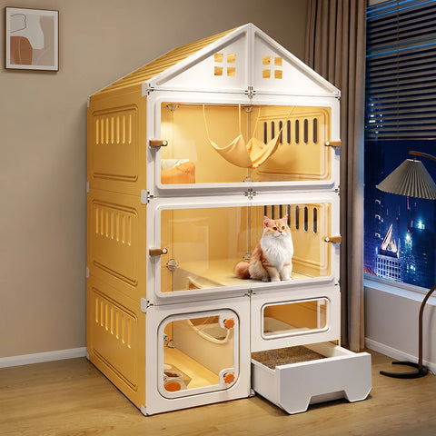 Multi-Level Cat Condo with Enclosed Spaces and Litter Box Area