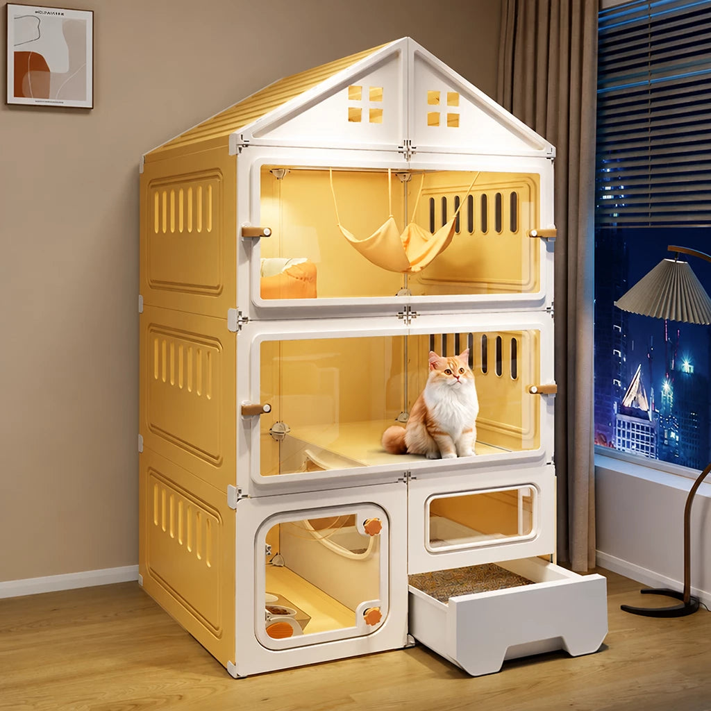 Multi-Level Cat Condo with Enclosed Spaces and Litter Box Area