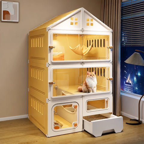 Multi-Level Cat Condo with Enclosed Spaces and Litter Box Area