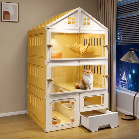 Multi-Level Cat Condo with Enclosed Spaces and Litter Box Area