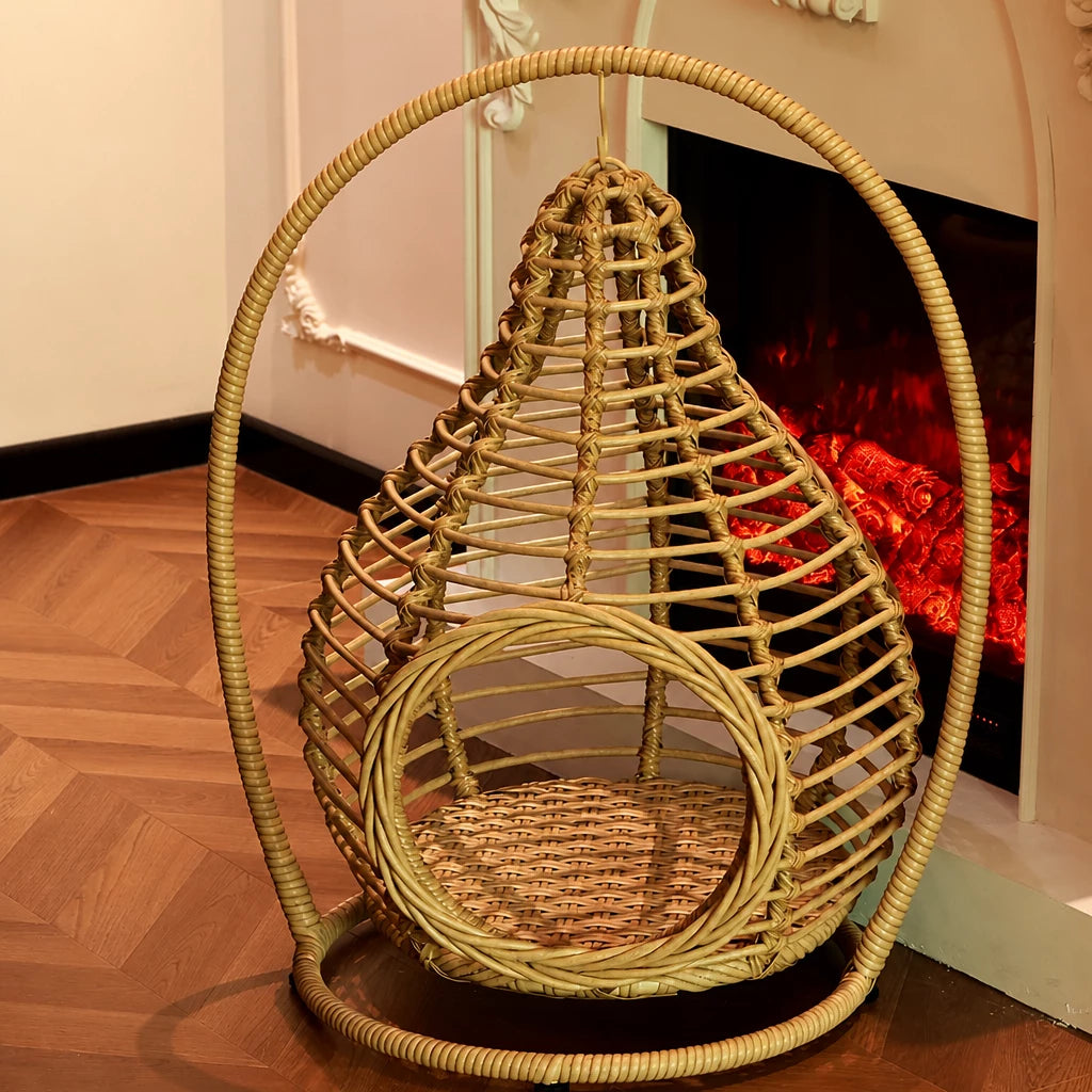 Handwoven Rattan Hanging Cat Bed with Cushion