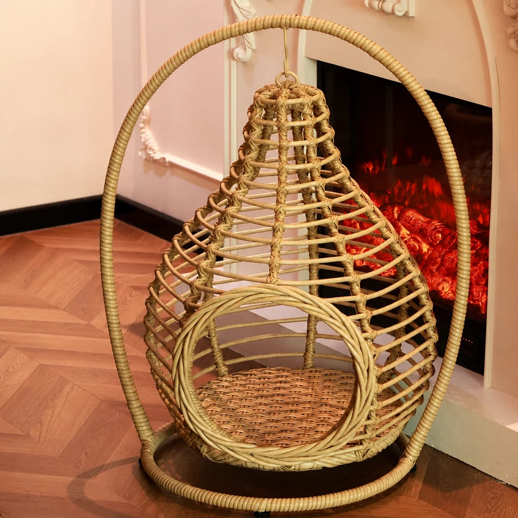 Handwoven Rattan Hanging Cat Bed with Cushion