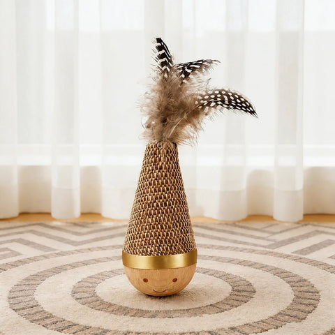 Burlap Feather Tumbler Toy with Solid Wood Base for Cats & Dogs