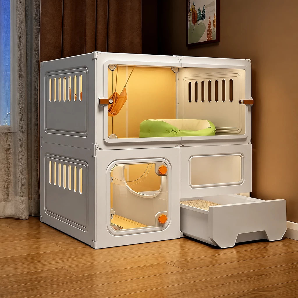Indoor Multi-Level Cat Condo with Integrated Litter Box Area