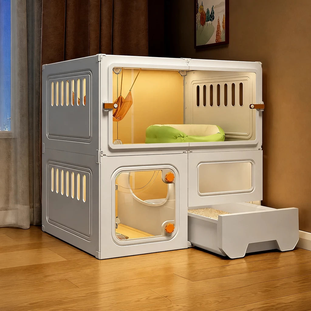 Indoor Multi-Level Cat Condo with Integrated Litter Box Area
