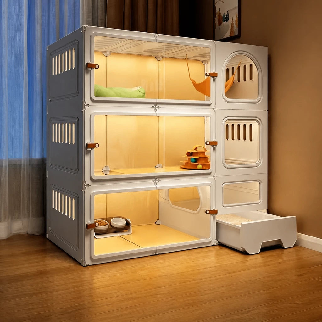 Indoor Multi-Level Cat Condo with Integrated Litter Box Area