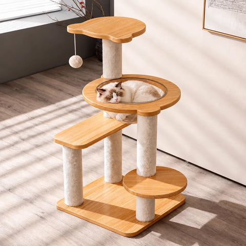 Multi-Level Cat Tree with Enclosed Cat House for Small Spaces