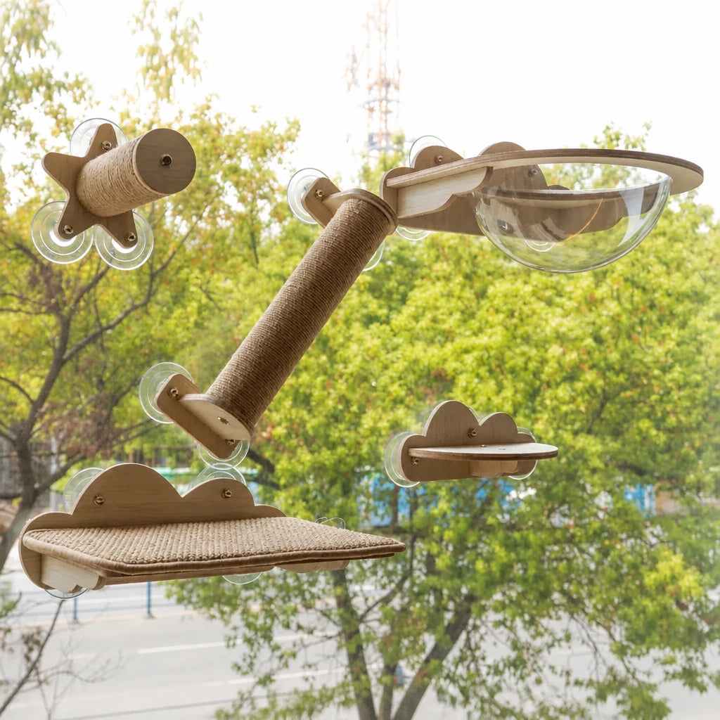 Window-Mounted Cat Climbing System with Perches & Scratching Posts