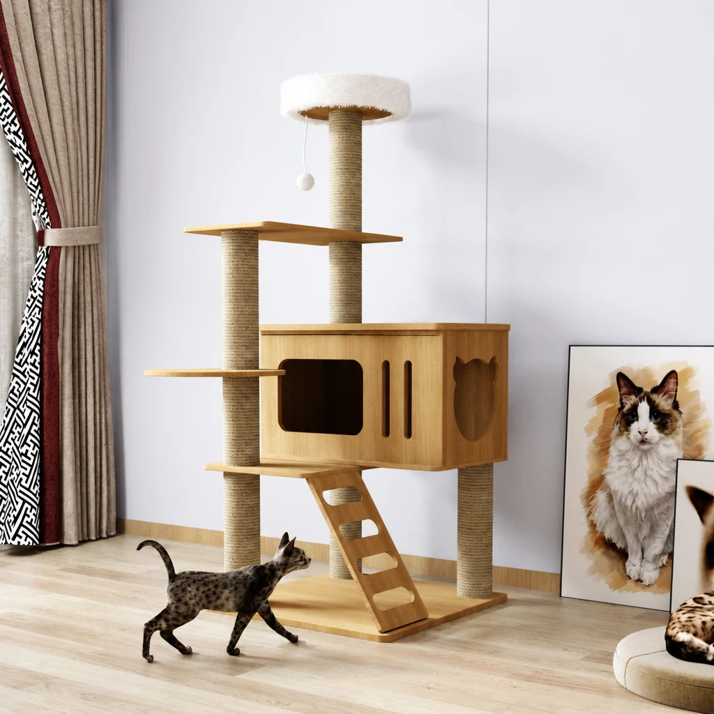 Multi-Level Solid Wood Cat Tree with Scratching Posts