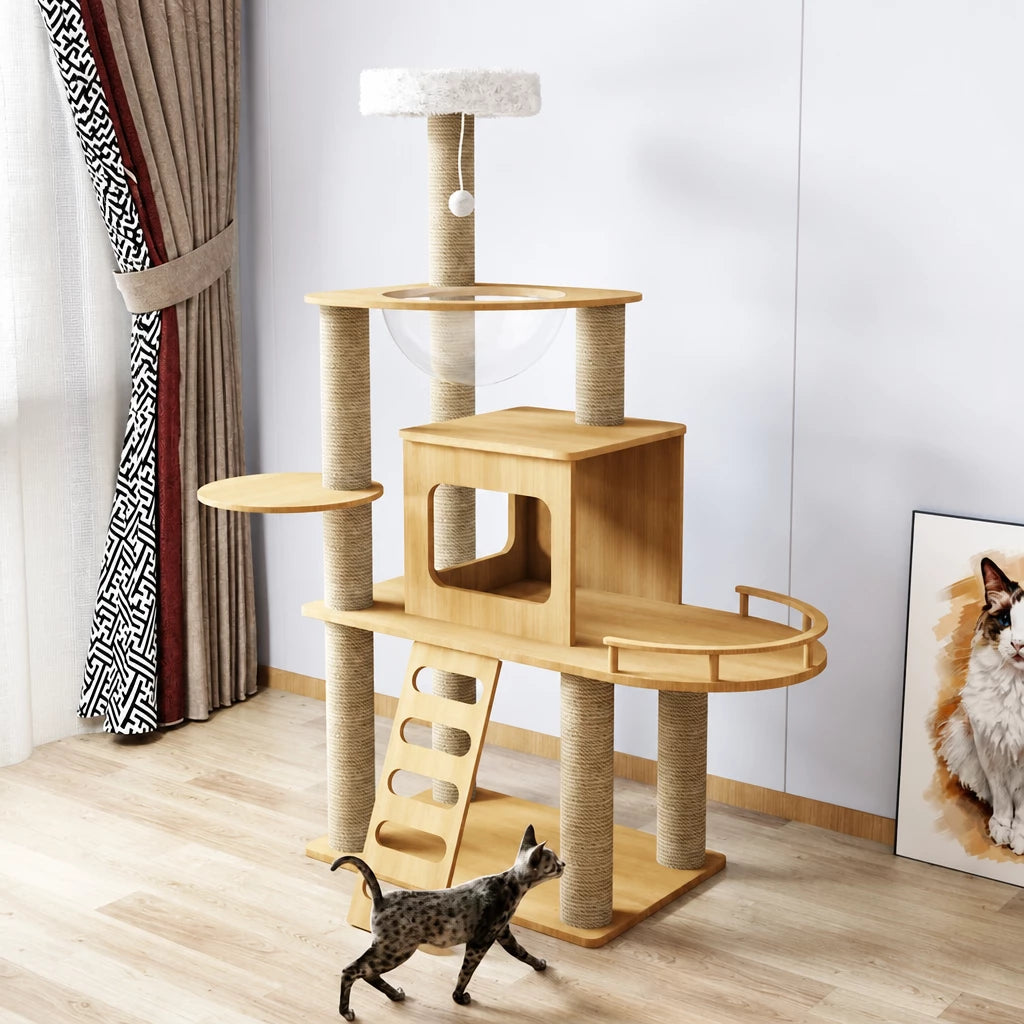 Multi-Level Solid Wood Cat Tree with Scratching Posts
