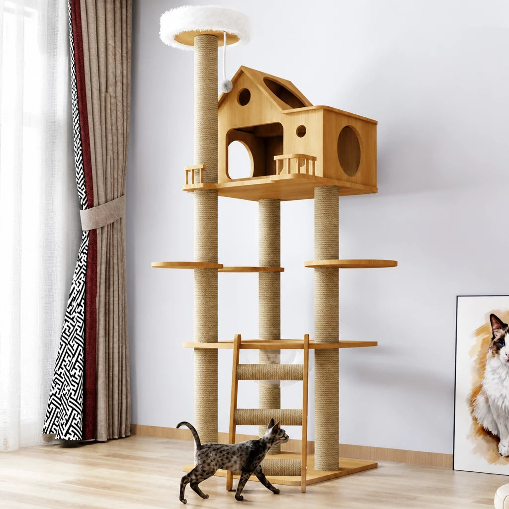 Multi-Level Solid Wood Cat Tree with Scratching Posts