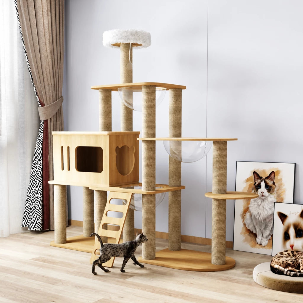 Multi-Level Solid Wood Cat Tree with Scratching Posts