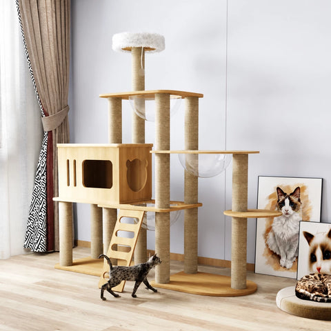 Multi-Level Solid Wood Cat Tree with Scratching Posts