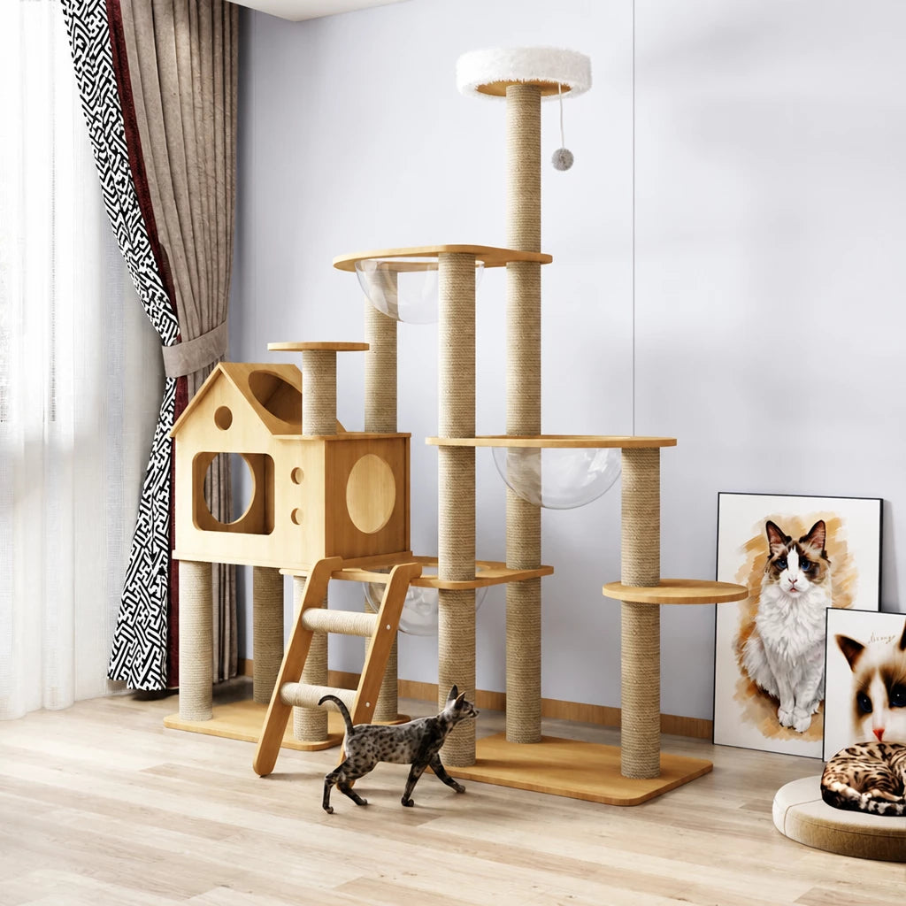 Multi-Level Solid Wood Cat Tree with Scratching Posts