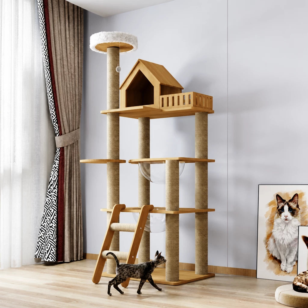 Multi-Level Solid Wood Cat Tree with Scratching Posts
