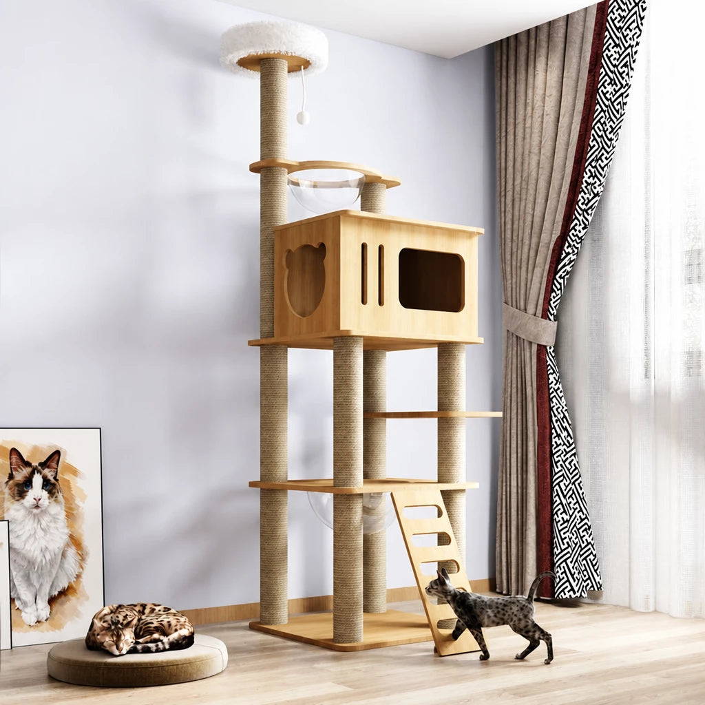Multi-Level Solid Wood Cat Tree with Scratching Posts