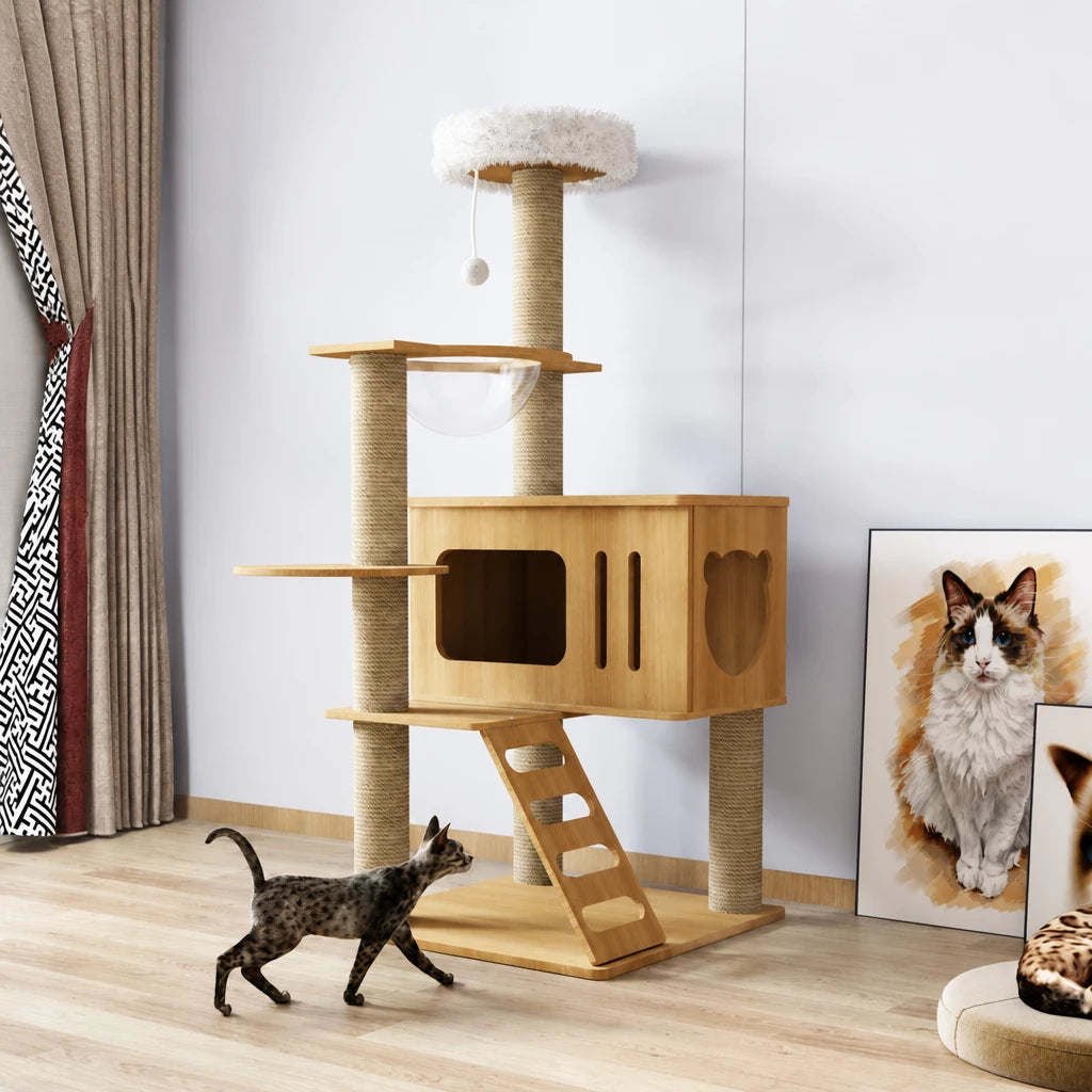 Multi-Level Solid Wood Cat Tree with Scratching Posts