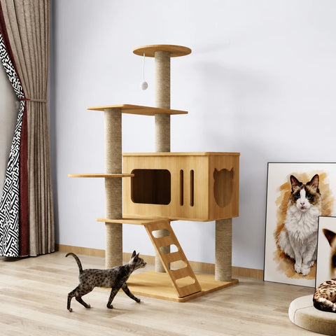 Multi-Level Solid Wood Cat Tree with Scratching Posts