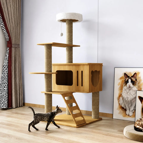 Multi-Level Solid Wood Cat Tree with Scratching Posts